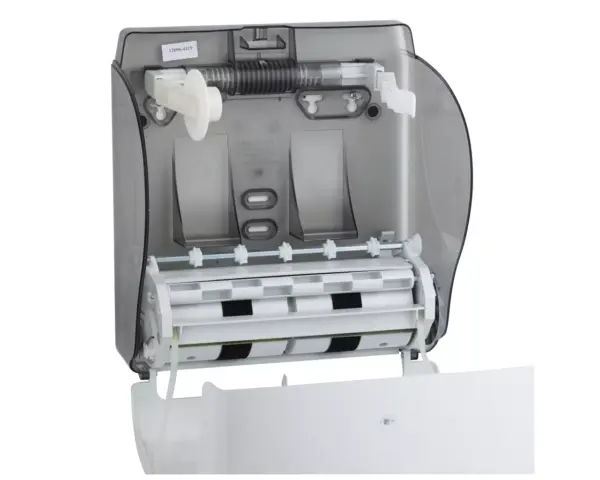 Mechaniczny podajnik ręczników papierowych w rolach MERIDA LUX CUT AUTOMATIC MAXI, tworzywo ABS, biały Otwarty podajnik ręczników MERIDA LUX CUT AUTOMATIC MAXI z załadowaną rolką