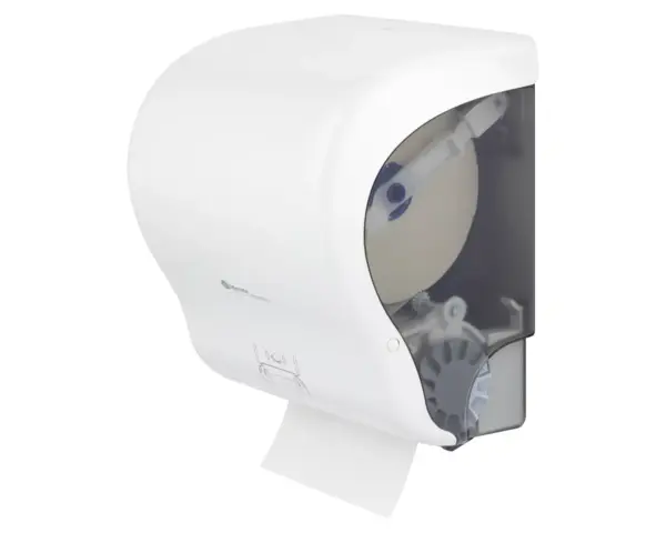 Mechaniczny podajnik ręczników papierowych w rolach MERIDA LUX CUT AUTOMATIC MAXI, tworzywo ABS, biały Biały podajnik ręczników MERIDA LUX CUT AUTOMATIC MAXI mieszczący rolkę 250 m