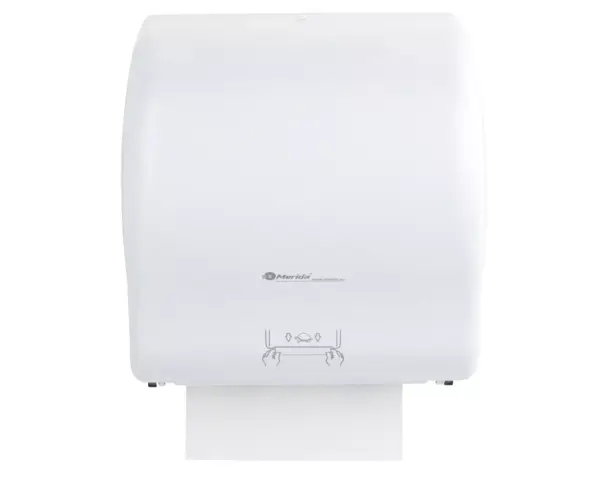 Mechaniczny podajnik ręczników papierowych w rolach MERIDA LUX CUT AUTOMATIC MAXI, tworzywo ABS, biały Podajnik ręczników papierowych MERIDA LUX MAXI – system prostego cięcia straight cut