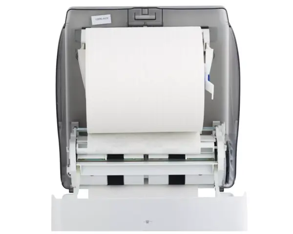 Mechaniczny podajnik ręczników papierowych w rolach MERIDA LUX CUT AUTOMATIC MAXI, tworzywo ABS, biały Podajnik ręczników MERIDA LUX CUT AUTOMATIC MAXI – cztery noże tnące w mechanizmie