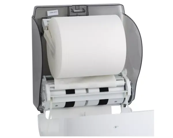 Mechaniczny podajnik ręczników papierowych w rolach MERIDA LUX CUT AUTOMATIC MAXI, tworzywo ABS, biały Kompaktowy podajnik ręczników ABS MERIDA LUX MAXI – widok boczny