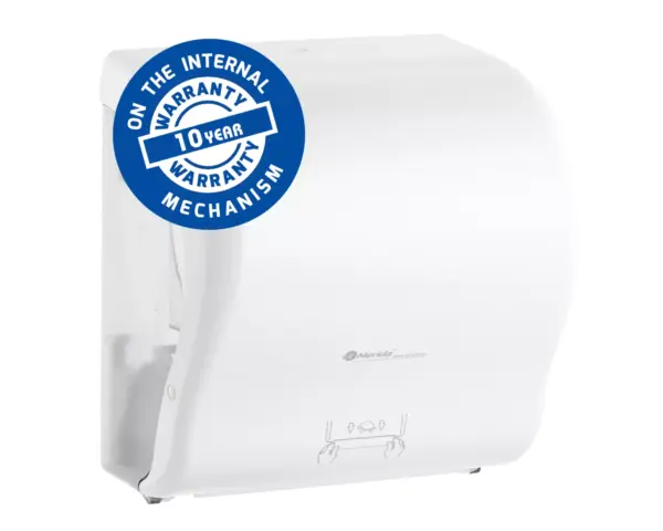 Mechaniczny podajnik ręczników papierowych w rolach MERIDA LUX CUT AUTOMATIC MAXI, tworzywo ABS, biały Gwarancja 10 lat na mechanizm podajnika MERIDA LUX CUT AUTOMATIC MAXI