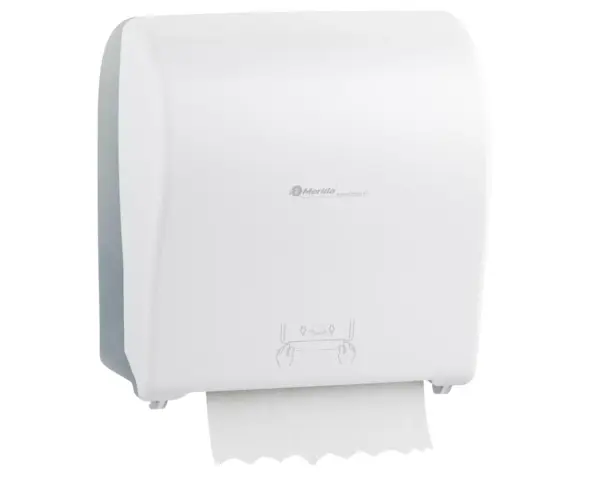 Mechaniczny podajnik ręczników papierowych w rolach MERIDA SOLID CUT AUTOMATIC MAXI, tworzywo ABS, front pełen biały - mat, tył transparentny jasny - mat Podajnik ręczników MERIDA SOLID CUT MAXI, zamykany na kluczyk, mat biały
