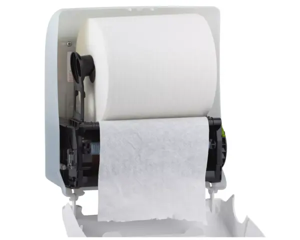 Mechaniczny podajnik ręczników papierowych w rolach MERIDA SOLID CUT AUTOMATIC MAXI, tworzywo ABS, front pełen biały - mat, tył transparentny jasny - mat Podajnik MERIDA SOLID CUT MAXI na rolki do 19,5 cm średnicy, widok z przodu