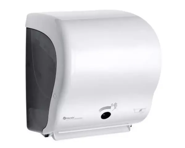 Automatyczny bezdotykowy podajnik ręczników papierowych w rolach MERIDA LUX SENSOR CUT AUTOMATIC MAXI, tworzywo ABS, biały Bezdotykowy podajnik ręczników w rolach z tworzywa ABS, biały, MAXI