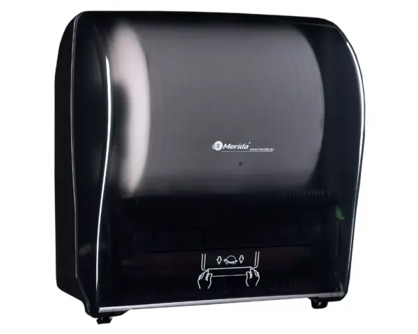 Mechaniczny podajnik ręczników papierowych w rolach MERIDA SOLID CUT AUTOMATIC MAXI, tworzywo ABS, front transparentny ciemny - połysk, tył pełen ciemny - połysk Podajnik na rolkę MAXI 250m, pełny ciemny tył połysk, tworzywo ABS