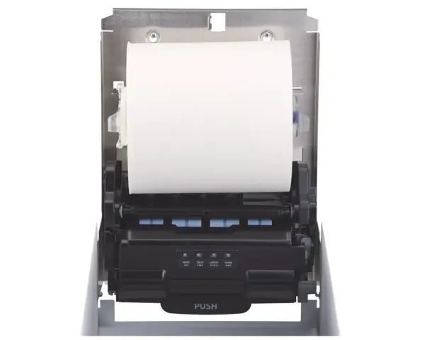 Automatyczny bezdotykowy podajnik ręczników papierowych w rolach MERIDA STELLA WHITE LINE AUTOMATIC MAXI, biały Podajnik ręczników Merida Stella White montowany na ścianie w łazience