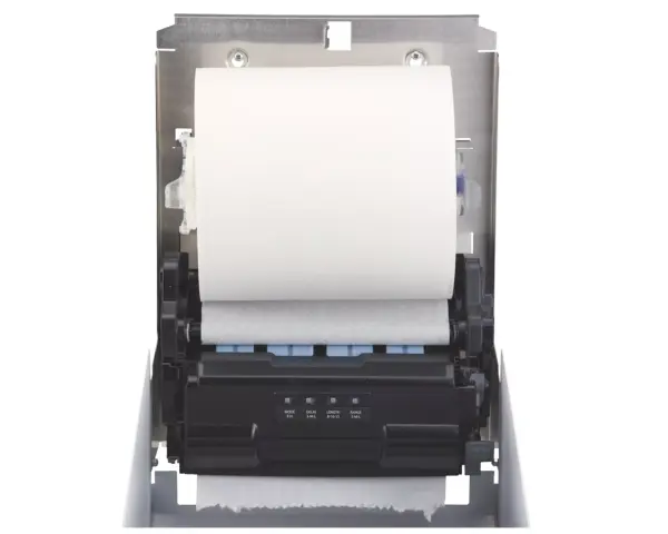 Automatyczny bezdotykowy podajnik ręczników papierowych w rolach MERIDA STELLA WHITE LINE AUTOMATIC MAXI, biały Podajnik ręczników Merida Stella Maxi z przyciskiem AUTO FEED do nawijania papieru