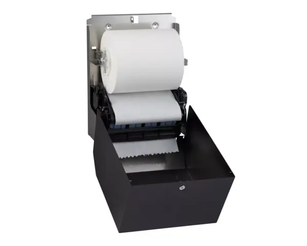 Mechaniczny podajnik ręczników papierowych w rolach MERIDA STELLA BLACK LINE, czarny Dźwignia PUSH w dolnej części czarnego podajnika ręczników MERIDA STELLA BLACK LINE