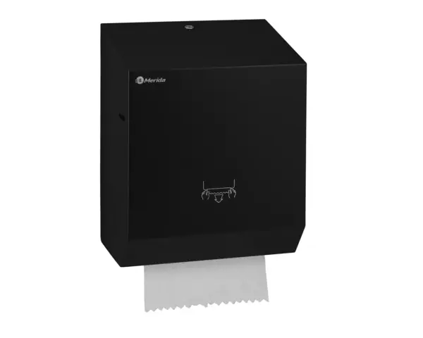 Mechaniczny podajnik ręczników papierowych w rolach MERIDA STELLA BLACK LINE, czarny Otwarty podajnik ręczników MERIDA STELLA BLACK LINE z widocznym mechanizmem tnącym
