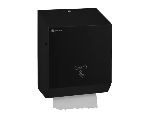 Automatyczny bezdotykowy podajnik ręczników papierowych w rolach MERIDA STELLA BLACK LINE AUTOMATIC MAXI, czarny Podajnik ręczników Merida Stella Black Line z otwartą obudową i widocznym mechanizmem