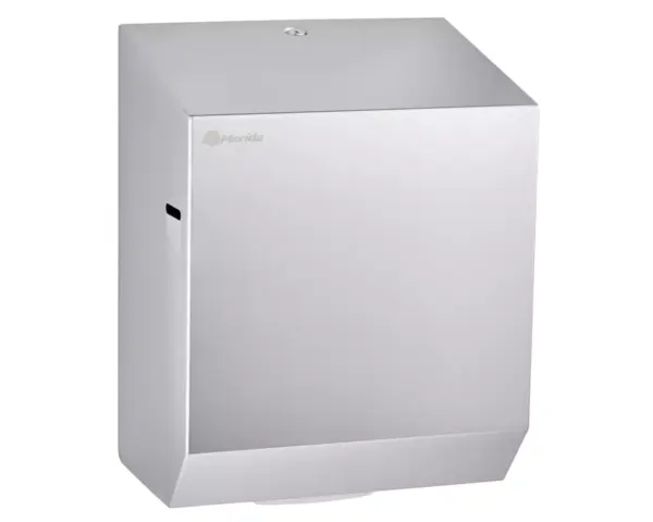 Mechaniczny podajnik ręczników papierowych w rolach MERIDA STELLA AUTOMATIC MAXI, stal polerowana Podajnik ręczników MERIDA STELLA AUTOMATIC MAXI otwarty, widoczny mechanizm tnący