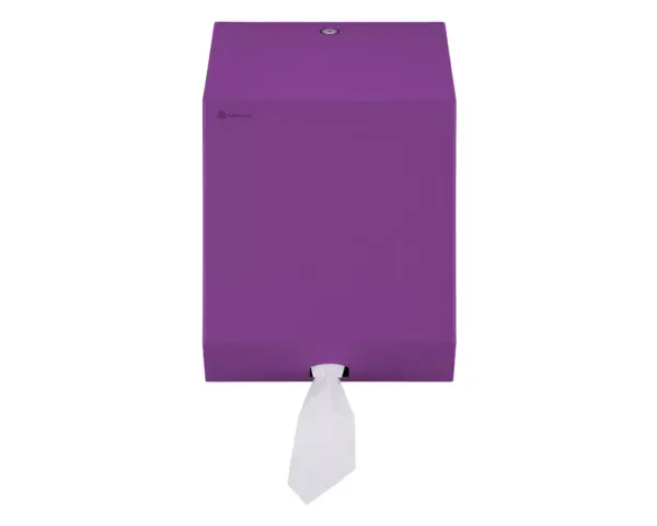 Pojemnik na ręczniki papierowe w rolach MERIDA STELLA VIOLET LINE MAXI, fioletowy Boczny widok pojemnika Merida Stella Maxi fioletowego ze stali nierdzewnej