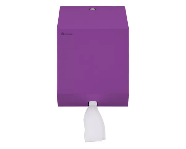 Pojemnik na ręczniki papierowe w rolach lub papier toaletowy w systemie listkowym MERIDA STELLA VIOLET LINE MINI, fioletowy Widok boczny fioletowego podajnika ręczników MERIDA STELLA MINI