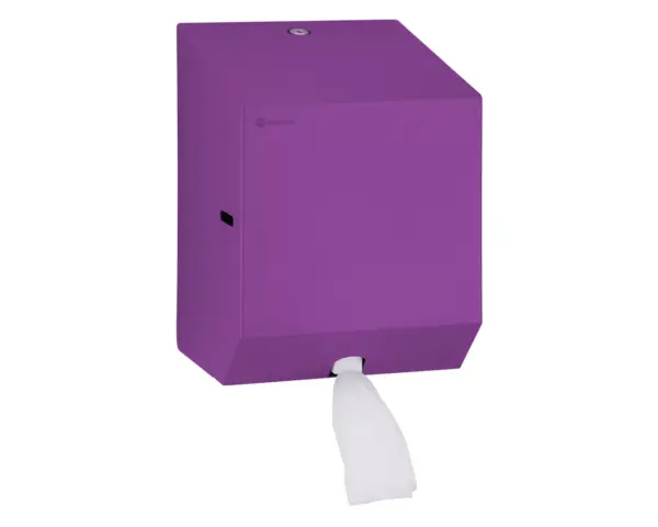 Pojemnik na ręczniki papierowe w rolach lub papier toaletowy w systemie listkowym MERIDA STELLA VIOLET LINE MINI, fioletowy Stalowy pojemnik MERIDA STELLA MINI z fioletową powłoką strukturalną