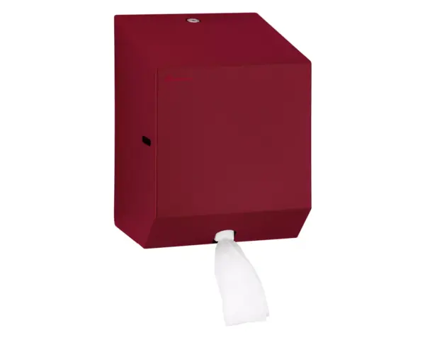 Pojemnik na ręczniki papierowe w rolach lub papier toaletowy w systemie listkowym MERIDA STELLA RED LINE MINI, czerwony Boczny widok pojemnika na ręczniki MERIDA STELLA RED LINE MINI spawane krawędzie