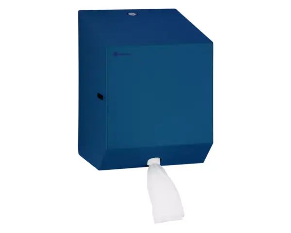 Pojemnik na ręczniki papierowe w rolach lub papier toaletowy w systemie listkowym MERIDA STELLA BLUE LINE MINI, niebieski Pojemnik Merida Stella Mini ze stalową powłoką strukturalną i zamkiem bębenkowym