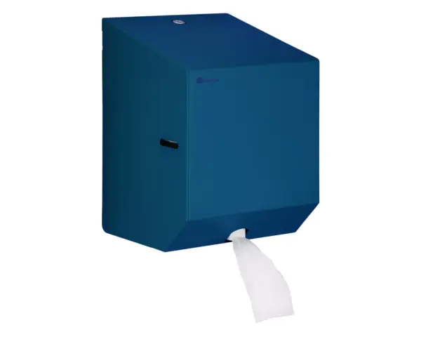 Pojemnik na ręczniki papierowe w rolach lub papier toaletowy w systemie listkowym MERIDA STELLA BLUE LINE MINI, niebieski Zbliżenie zamka bębenkowego pojemnika Merida Stella Blue Line Mini