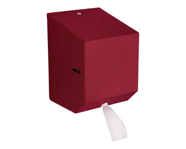 Pojemnik na ręczniki papierowe w rolach lub papier toaletowy w systemie listkowym MERIDA STELLA RED LINE MINI, czerwony Montaż ścienny pojemnika MERIDA STELLA RED LINE MINI czerwony stal nierdzewna