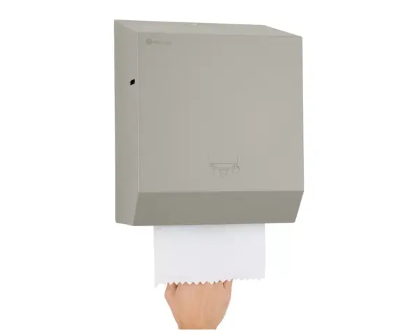 Mechaniczny podajnik ręczników papierowych w rolach MERIDA STELLA STONE GREY LINE, szary kamienny Podajnik ręczników Merida Stella Stone Grey z widocznym zamkiem bębenkowym