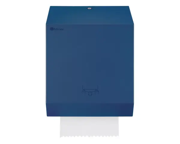 Mechaniczny podajnik ręczników papierowych w rolach MERIDA STELLA BLUE LINE, niebieski Mechanizm odcinający ręcznik papierowy w podajniku MERIDA STELLA BLUE LINE