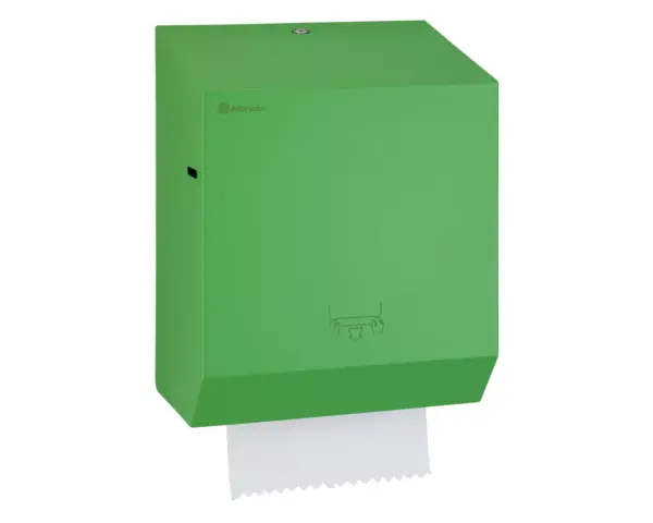 Mechaniczny podajnik ręczników papierowych w rolach MERIDA STELLA GREEN LINE, zielony Otwarty zielony podajnik ręczników papierowych Merida Stella z uchwytem rolki