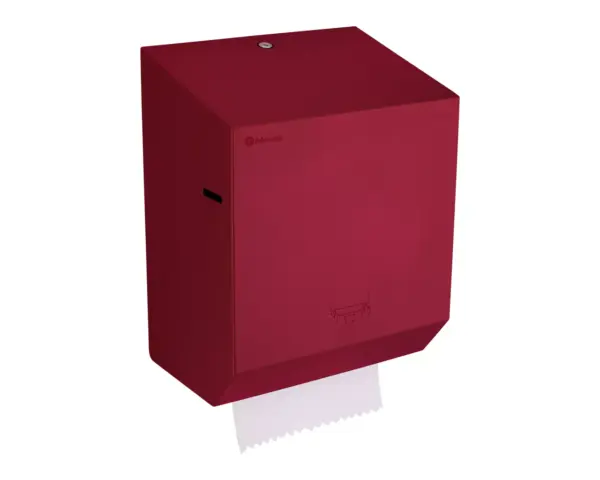 Mechaniczny podajnik ręczników papierowych w rolach MERIDA STELLA RED LINE, czerwony Dźwignia PUSH podajnika ręczników MERIDA STELLA w dolnej części obudowy