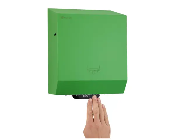 Mechaniczny podajnik ręczników papierowych w rolach MERIDA STELLA GREEN LINE, zielony Mechanizm tnący podajnika ręczników Merida Stella Green Line ze stali nierdzewnej