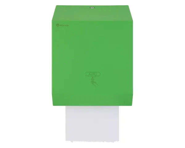 Automatyczny bezdotykowy podajnik ręczników papierowych w rolach MERIDA STELLA GREEN LINE AUTOMATIC MAXI, zielony Podajnik ręczników Merida Stella Automatic Maxi z otwartą obudową i widocznym wnętrzem