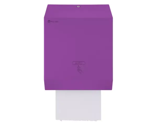 Automatyczny bezdotykowy podajnik ręczników papierowych w rolach MERIDA STELLA VIOLET LINE AUTOMATIC MAXI, fioletowy Podajnik ręczników Merida Stella Violet Line Maxi, widok boczny, fioletowa obudowa
