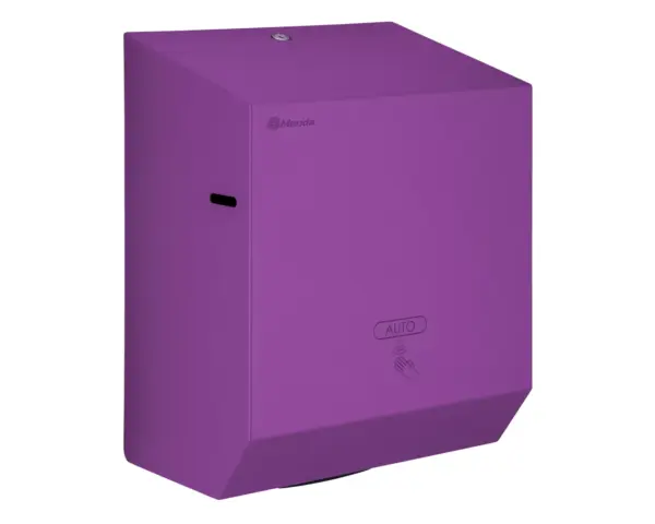 Automatyczny bezdotykowy podajnik ręczników papierowych w rolach MERIDA STELLA VIOLET LINE AUTOMATIC MAXI, fioletowy Podajnik ręczników Merida Stella Violet Line Maxi otwarty, widok wnętrza