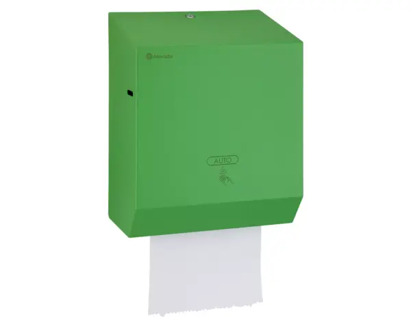 Automatyczny bezdotykowy podajnik ręczników papierowych w rolach MERIDA STELLA GREEN LINE AUTOMATIC MAXI, zielony Zielony podajnik ręczników Merida Stella Maxi z zamkiem bębenkowym i wskaźnikiem LED