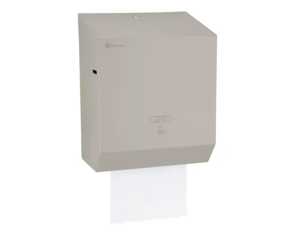 Automatyczny bezdotykowy podajnik ręczników papierowych w rolach MERIDA STELLA STONE GREY LINE AUTOMATIC MAXI, szary kamienny Podajnik ręczników Merida Stella z panelem sterującym i przełącznikami MODE DELAY LENGTH