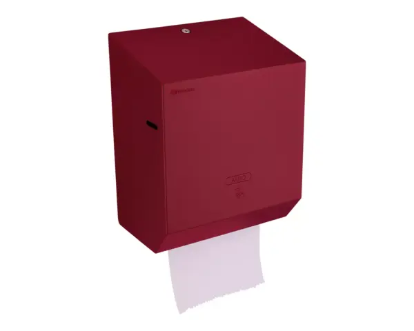 Automatyczny bezdotykowy podajnik ręczników papierowych w rolach MERIDA STELLA RED LINE AUTOMATIC MAXI, czerwony Stalowy podajnik ręczników w rolach z czerwoną powłoką strukturalną montowany na ścianie