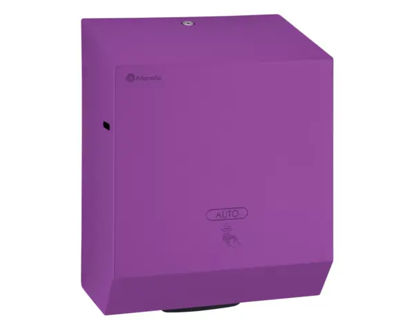Automatyczny bezdotykowy podajnik ręczników papierowych w rolach MERIDA STELLA VIOLET LINE AUTOMATIC MAXI, fioletowy Fioletowy podajnik ręczników Merida Stella Maxi ze stali nierdzewnej, widok z przodu