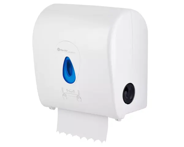 Mechaniczny podajnik ręczników papierowych w rolach MERIDA TOP AUTOMATIC MAXI, tworzywo ABS, biały połysk, okienko niebieskie Mechanizm tnący podajnika ręczników MERIDA TOP MAXI tworzywo ABS