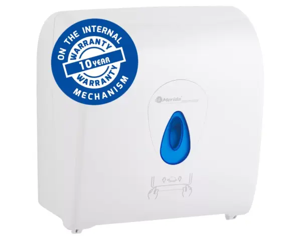 Mechaniczny podajnik ręczników papierowych w rolach MERIDA TOP AUTOMATIC MAXI, tworzywo ABS, biały połysk, okienko niebieskie Automatyczny podajnik ręczników MERIDA TOP MAXI biały połysk niebieskie okienko