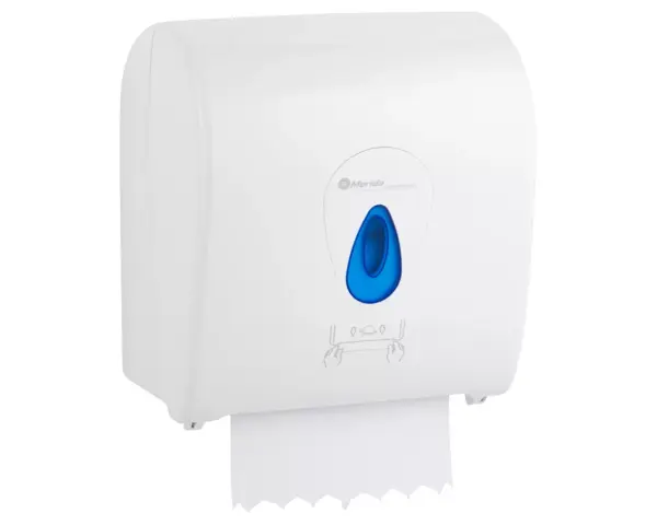Mechaniczny podajnik ręczników papierowych w rolach MERIDA TOP AUTOMATIC MAXI, tworzywo ABS, biały połysk, okienko niebieskie Biały podajnik ręczników MERIDA TOP AUTOMATIC MAXI z niebieskim okienkiem