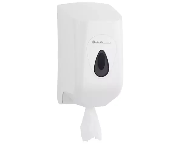 Pojemnik na ręczniki papierowe w rolach MERIDA TOP MINI, tworzywo ABS, biały, okienko szare Pojemnik Merida Top Mini na rolkę do 14,4 cm średnicy, biały ABS
