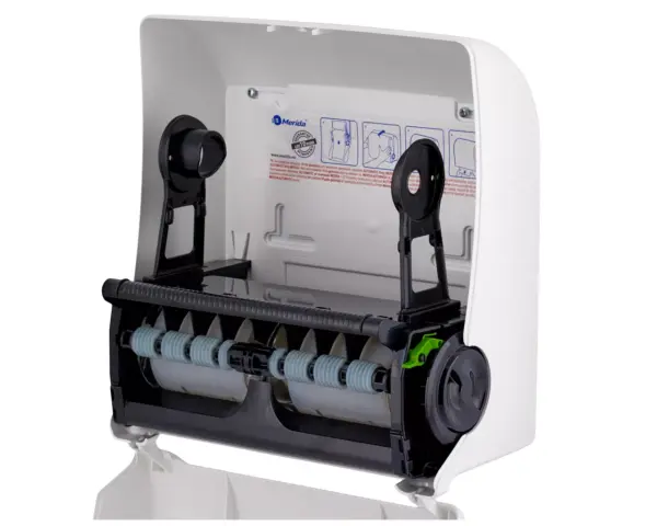 Mechaniczny podajnik ręczników papierowych w rolach MERIDA TOP AUTOMATIC MAXI, tworzywo ABS, biały połysk, okienko niebieskie Podajnik ręczników papierowych MERIDA TOP MAXI widok z boku biały