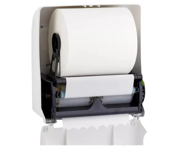 Mechaniczny podajnik ręczników papierowych w rolach MERIDA TOP AUTOMATIC MAXI, tworzywo ABS, biały połysk, okienko szare Wnętrze podajnika MERIDA TOP MAXI z mechanizmem tnącym i rolką