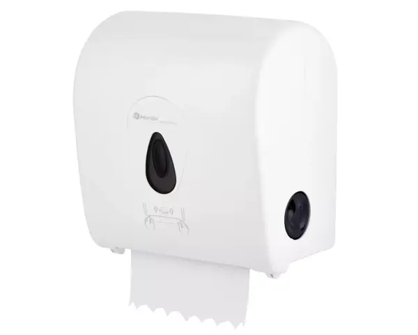 Mechaniczny podajnik ręczników papierowych w rolach MERIDA TOP AUTOMATIC MAXI, tworzywo ABS, biały połysk, okienko szare Automatyczny podajnik MERIDA TOP MAXI – higieniczne pobieranie ręcznika