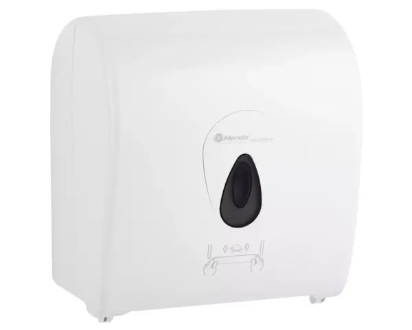 Mechaniczny podajnik ręczników papierowych w rolach MERIDA TOP AUTOMATIC MAXI, tworzywo ABS, biały połysk, okienko szare Podajnik MERIDA TOP MAXI na rolki do 19,5 cm średnicy, biały