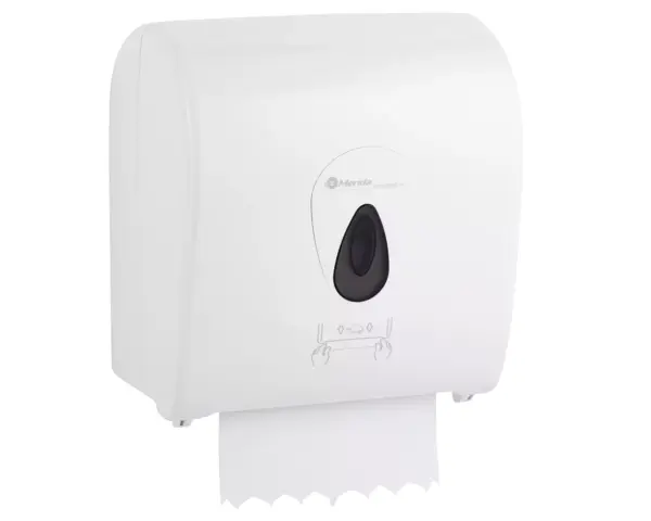 Mechaniczny podajnik ręczników papierowych w rolach MERIDA TOP AUTOMATIC MAXI, tworzywo ABS, biały połysk, okienko szare Podajnik ręczników papierowych MERIDA TOP MAXI, zamykany na kluczyk