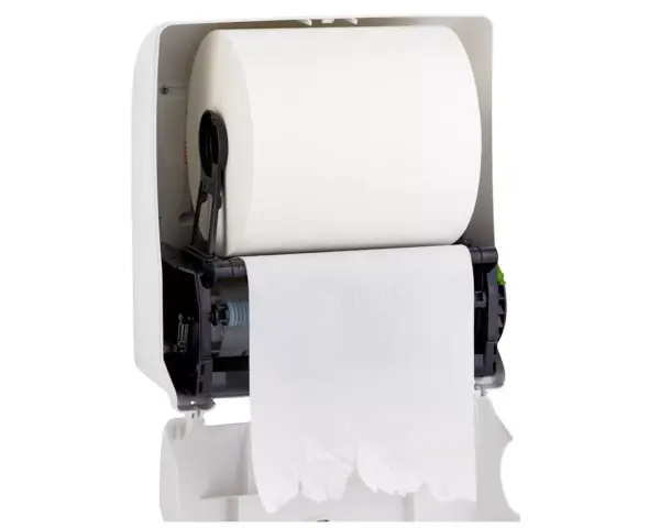 Mechaniczny podajnik ręczników papierowych w rolach MERIDA TOP AUTOMATIC MAXI, tworzywo ABS, biały połysk, okienko szare Podajnik ręczników MERIDA TOP MAXI z szarym okienkiem, montaż ścienny