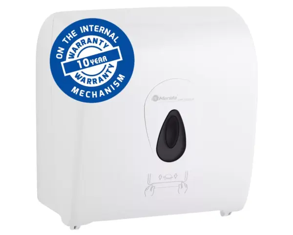 Mechaniczny podajnik ręczników papierowych w rolach MERIDA TOP AUTOMATIC MAXI, tworzywo ABS, biały połysk, okienko szare Podajnik ręczników papierowych MERIDA TOP MAXI w kolorze białym