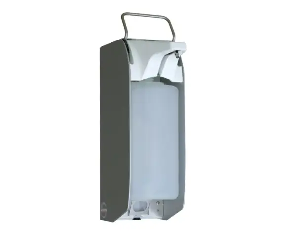 Merida D10A – bezdotykowy metalowy dozownik płynu dezynfekcyjnego 1000 ml; czujnik zbliżeniowy, przezroczysty zbiornik.