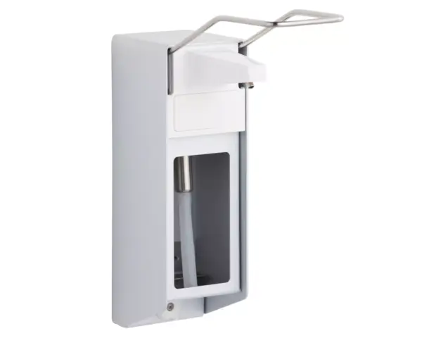 Dozownik z przyciskiem łokciowym na wkłady 500 ml, aluminiowy Dozownik łokciowy Merida D9E, aluminium; wkłady 500 ml, pompka ze stali nierdzewnej.