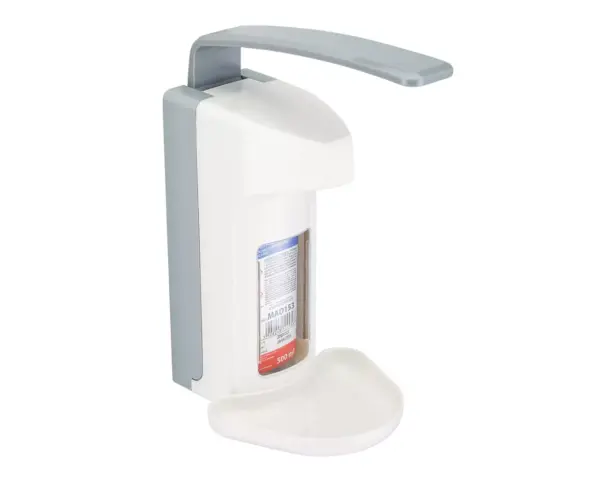 Dozownik z przyciskiem łokciowym na wkłady 500 ml, z tacką ociekową, tworzywo ABS Dozownik z przyciskiem łokciowym na wkłady 500 ml z tacką ociekową