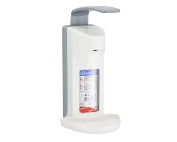 Dozownik z przyciskiem łokciowym na wkłady 500 ml, z tacką ociekową, tworzywo ABS Dozownik ABS z tacką ociekową i przezroczystym pojemnikiem 500 ml